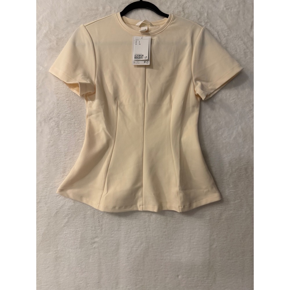 HM‎ Womens Cream Short Sleeve Peplum Top Blouse Crew Neck Size Small NWT